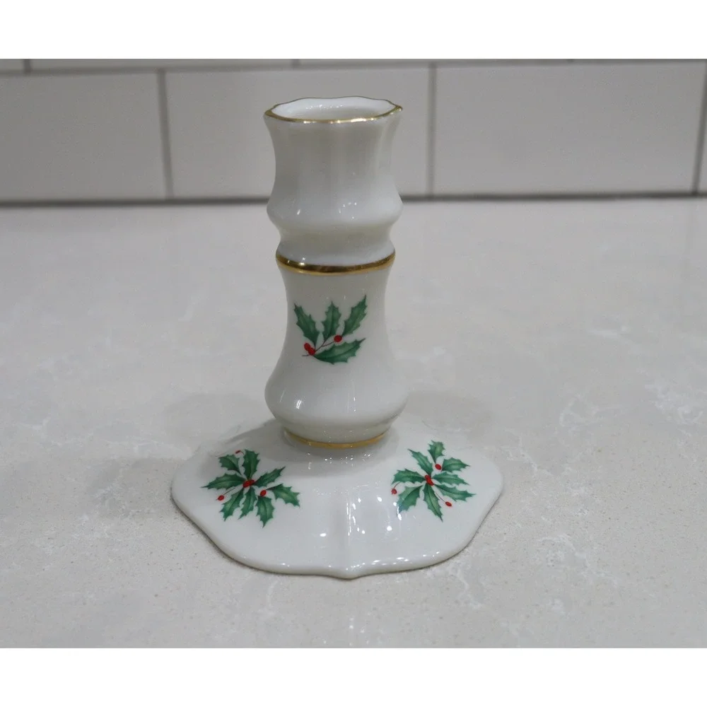 Lenox Holiday Candlestick Holder Holly Berry Gold Trim Ivory China Made in USA